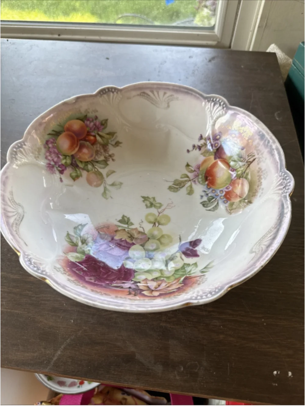Antique German Purple Lustreware Serving Bowl with Roses